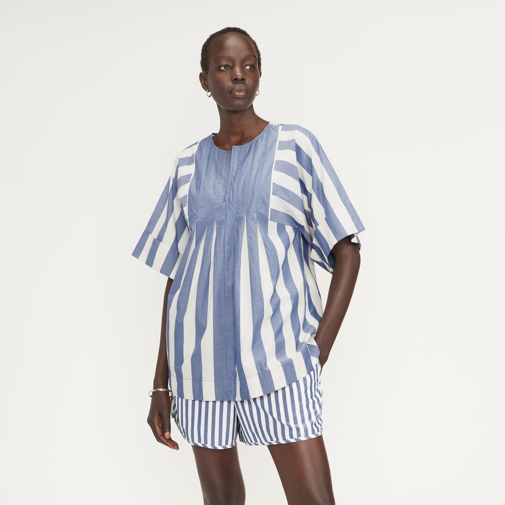 Everlane Poplin Tunic Top Mazaren Blue White Short Sleeve Cotton Medium Oversize